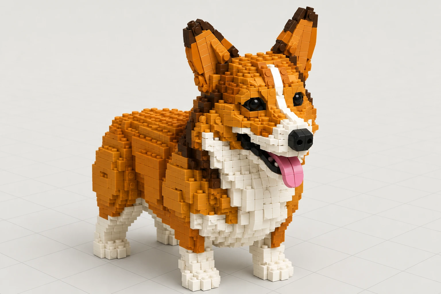 Illustrative 3D preview of Milo: a tan and white corgi built from small interlocking bricks.
