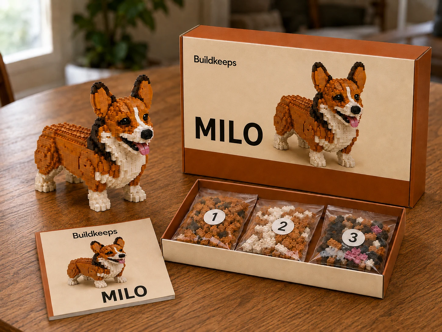 Illustration of Milo’s personalized brick-building kit on a wooden dining table, with a custom carton, printed guide and three numbered bags of pieces.