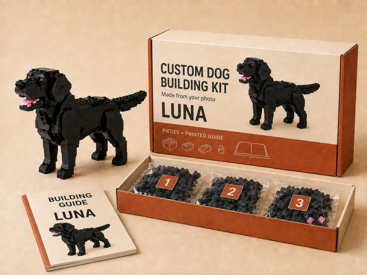 Labrador kit with LUNA on the custom carton and guide, numbered bags of pieces, and a matching brick model.