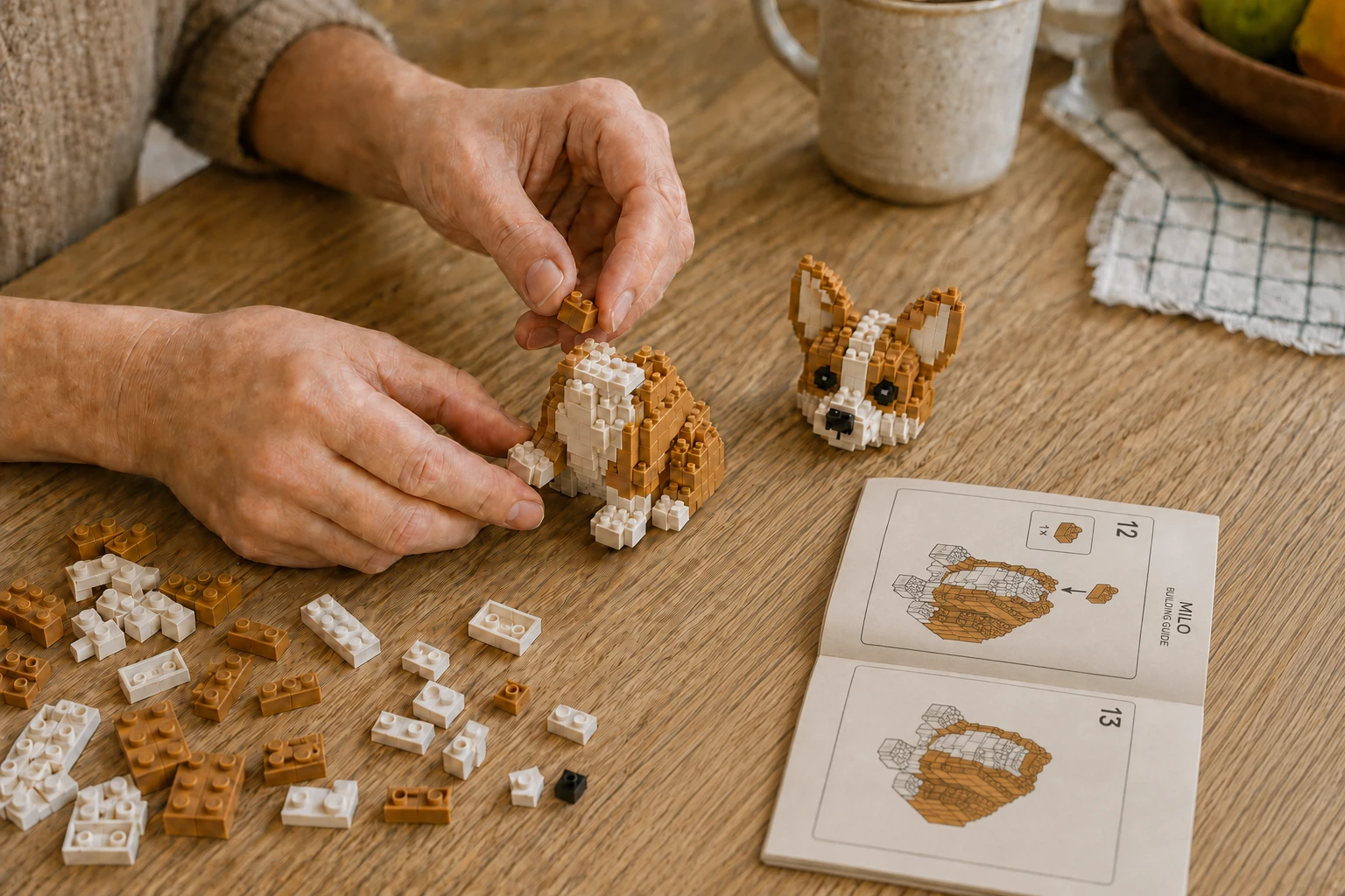 Hands building Milo beside an open instruction booklet turned toward the builder, showing the torso assembly step.